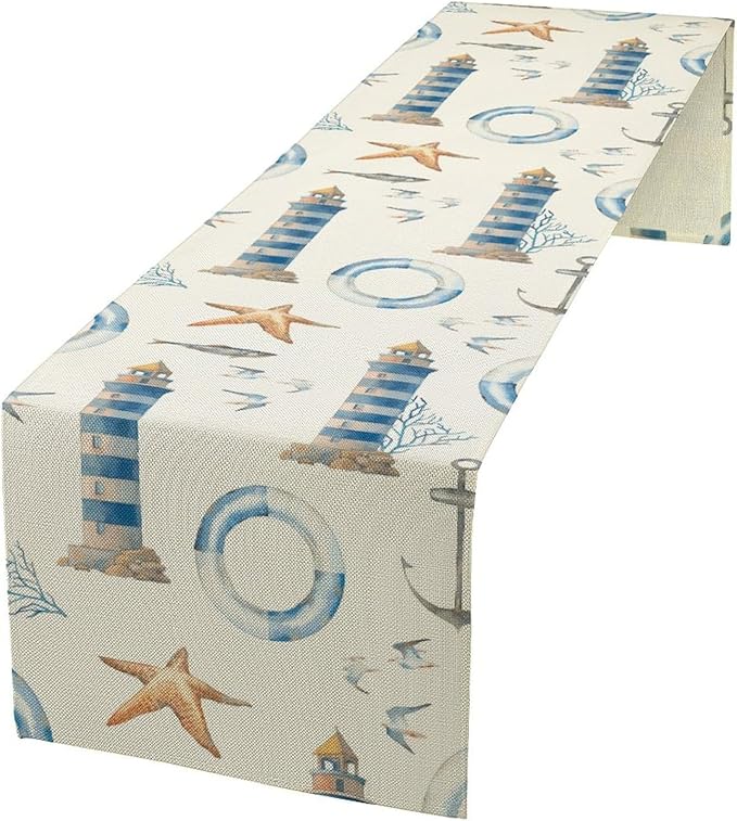 Blue Beach Table Runner, Tropical Ocean Coast Table Runner, Seashell Seasonal Nautical Restaurant Coffee Table Decorations for Home Holiday Party Indoor Outdoor 13x36 Inch