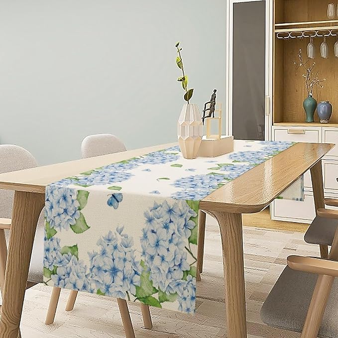 Watercolor Hydrangea Flower Table Runner, Spring Summer Seasonal Plants Butterfly Blue Dinner Runner for Home Kitchen Dining Table Party Holiday Decoration 13"x70"