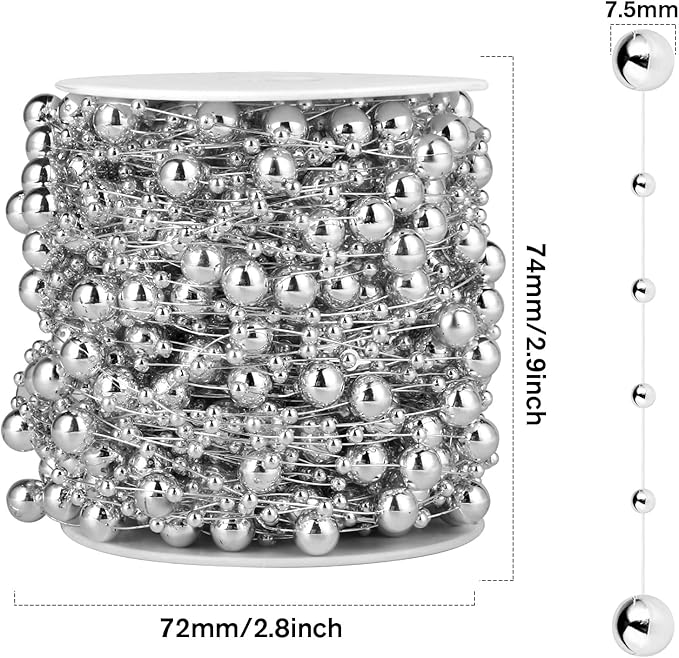98FT Pearl Beads String Garland, 8mm 3mm Silver Faux Pearl Beads Roll Strand Bulk for Wedding Party Flower Christmas Decoration DIY Craft