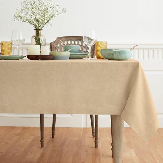 Solino Home Beige Linen Tablecloth 60 x 90 Inch - 100% Pure Linen Table Cloth for Rectangle Tables - Fete, Machine Washable Tablecloth for Fall, Autumn, Thanksgiving, Christmas
