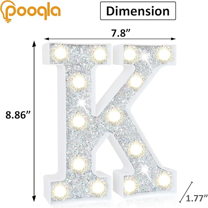 Pooqla Light Up Letters, LED Marquee Letters for Silver Birthday Decorations, Battery Powered Night Light Teenager Girl Room Decor, Gift for Girls Boys Wedding Bedroom Christmas Party Decor, Letter K