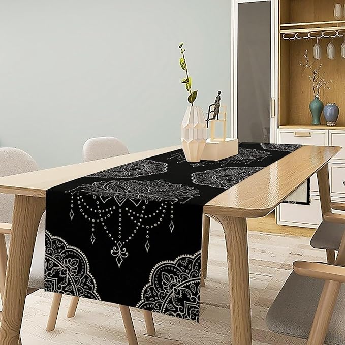 Lotus Flower Table Runner, Bohemian Ethnic Oriental Mandala Black White Floral Print Table Runner for Home Kitchen Dining Indoor Outdoor Dinner Party Decor, 13x90inch