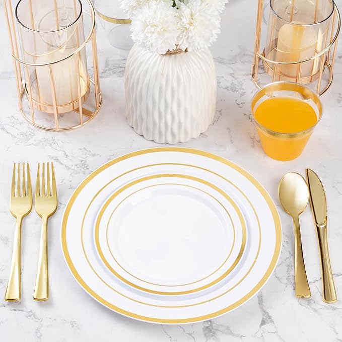 300PCS Gold Plastic Plate Set (50 Guests), Plastic Plates for Party Wedding Birthday, Disposable Dinnerware Set of 100 Plates, 100 Forks, 50 Spoons, 50 Knives for Christmas, Thanksgiving