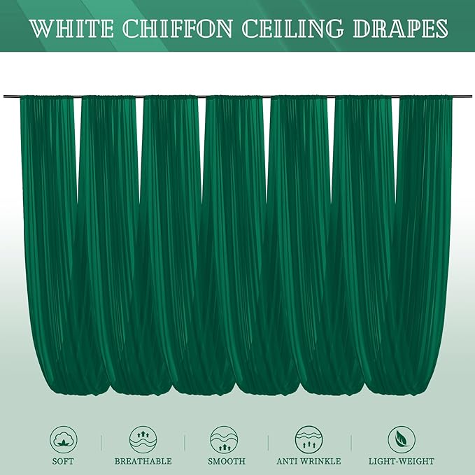 6 Panels Emerald Green Ceiling Drapes for Wedding 5ftx10ft Chiffon Fabric Arch Draping Curtains Sheer Drapery for Party Ceremony Birthday Baby Shower Reception Stage Swag Ceiling Decorations