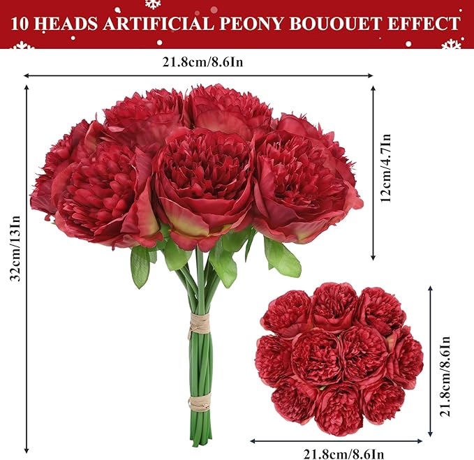 U'Artlines 20 Heads Artificial Peony Silk Flower Leaf for Christmas Holiday New Year Home Office Wedding Party Festival Bar Decor (Red)