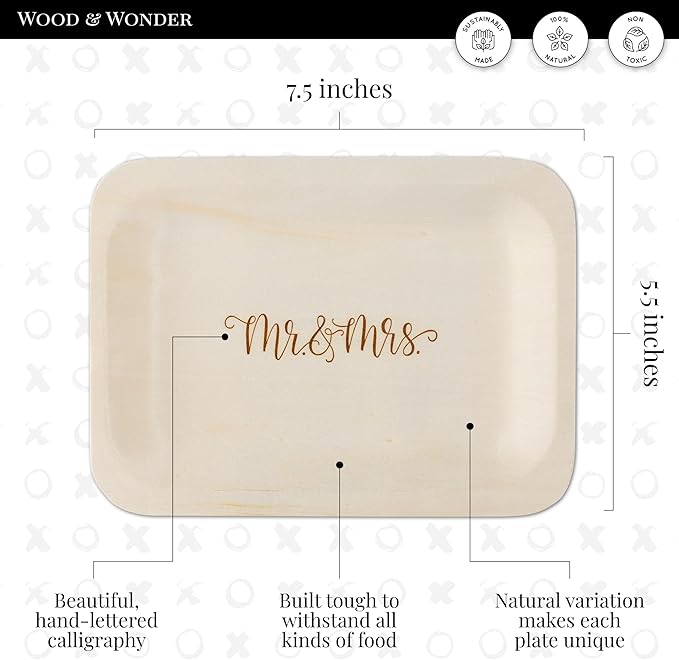 Mr. and Mrs. Disposable Wedding Plates – Rustic, Compostable Alternative to Plastic Plates for Wedding Receptions, Engagement Parties, and Rehearsal Dinners (Salad/Dessert, 50-Pack)