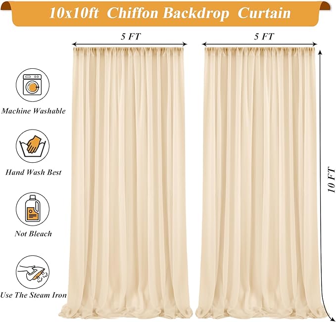 10x10ft Champagne Backdrop Curtain with Lights for Wedding Parties, Chiffon Curtains Backdrop with Lights for Baby Shower Bridal Shower Birthday Party Ceremony Reception