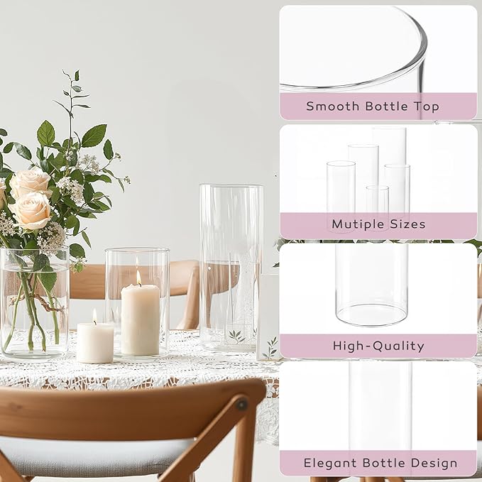 3pcs Glass Vases for Flowers, 4,6,8 Inch Tall Cylinder Vases, Bud Vase and Floating Candle Holder Vase for Wedding & Holiday Centerpieces for Tables, Home Decor, Housewarming Gift