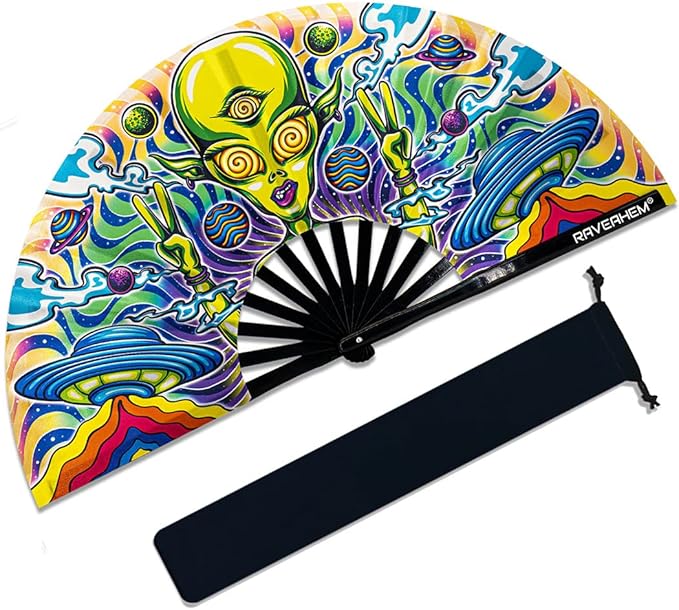 13" Large Rave Fan Bamboo, Folding Clack Hand Fans Foldable for Men Women, Boots on the Ground Poping Fan for EDM Festival Line Dance Decoration, (Alien, Large 13")