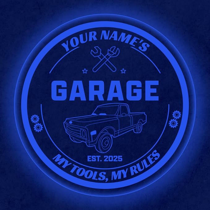 Custom Pickup Truck Garage Sign – Personalized LED Color Changing Acrylic Wall Decor for Garage, Workshop, or Man Cave (Garage 1, 12 INCHES)