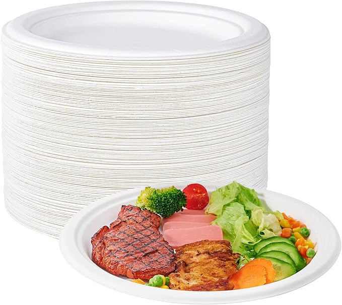 ECOLipak 100% Compostable 10 Inch Heavy Duty Paper Plates, 150 Pack Disposable Biodegradable Eco-friendly Sugarcane Bagasse Plates for Dinner Party(White)