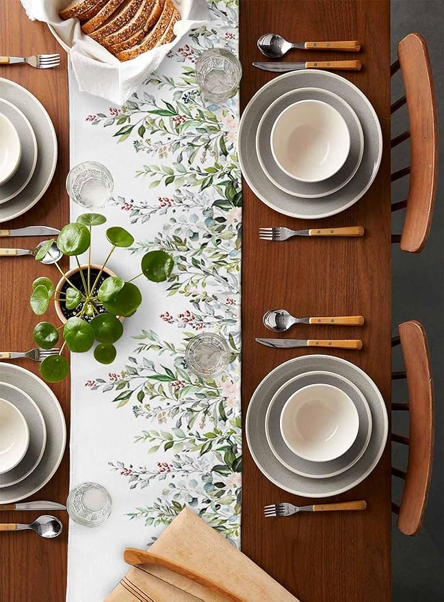 Botanical Eucalyptus Cotton Linen Table Runner for Dining Kitchen, Wedding Outdoor Party Tablerunners Decoration, Sage Green Leaves Elegant Floral Dresser Scarf Coffee Tablecloth Runners 13x60 Inches