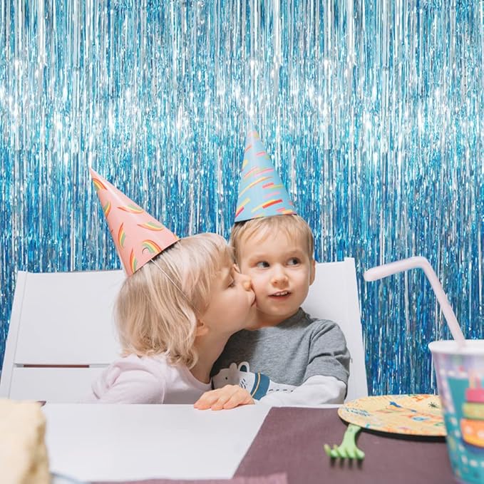 GOER 3.2 ft x 9.8 ft Metallic Tinsel Foil Fringe Curtains Party Photo Backdrop Party Streamers for Birthday,Graduation,New Year Eve Decorations Wedding Decor (Light Blue,1 Pack)