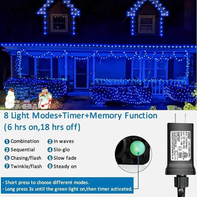 YEGUO 165ft 500 LED Blue Christmas Lights Outdoor Waterproof, Green Wire String Lights Indoor, 8 Modes Twinkle Tree Lights Plug in with Memory Timer for Holiday Festival Xmas