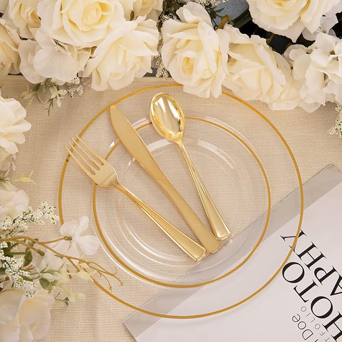 SUT 150 PCS Gold Plastic Plates, Disposable Clear Gold Dinnerware Set with Cups, Includes: 25 Dinner Plates, 25 Dessert plates, 25 Cutlery, 25 Cups, Prefect for Party, Wedding & Shower