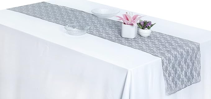 MDS Pack of 15 Wedding 12 x 108 inches Lace Table Runner for Wedding, Decorations for Birthday Parties, Banquets, Graduations, Engagements, and Runners fit Rectangle, Round Table- Silver Gray
