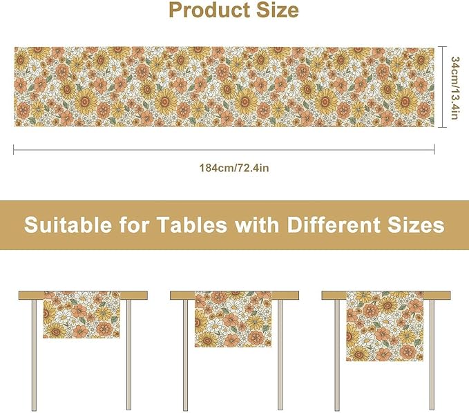 Vintage Floral Table Runner,Boho 70s Style Retro Daisies Flower Table Runner for Kitchen Dining Table Home Party Decoration 13x36 Inch