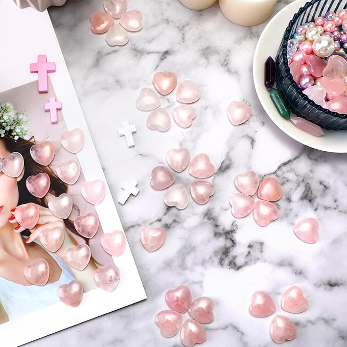 Gerrii 50 Pcs Heart Healing Stone Bulk Quartz Heart Inspirational Stones Gift for Women Love Pocket Polished Natural Energy Balancing Meditation 0.8 Inch(Rose Pink)