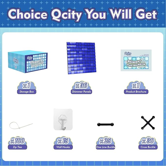 Qcity Blue Shimmer Wall Backdrop 36PCS, Black Back Not See-Through Design, Square Sequin Glitter Backdrop Panel, Perfect for Outdoor Events, Birthdays, Wedding and Party Decoration