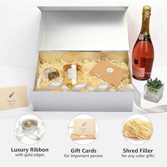 LIFELUM Gift Boxes with Lids,5 Pack 13.85 x 8.35 x 4.45 inch Silver Gift Boxes with Ribbon, Card, Shredded Paper Filler Gift Boxes for Presents,Graduation,Christmas,Birthdays
