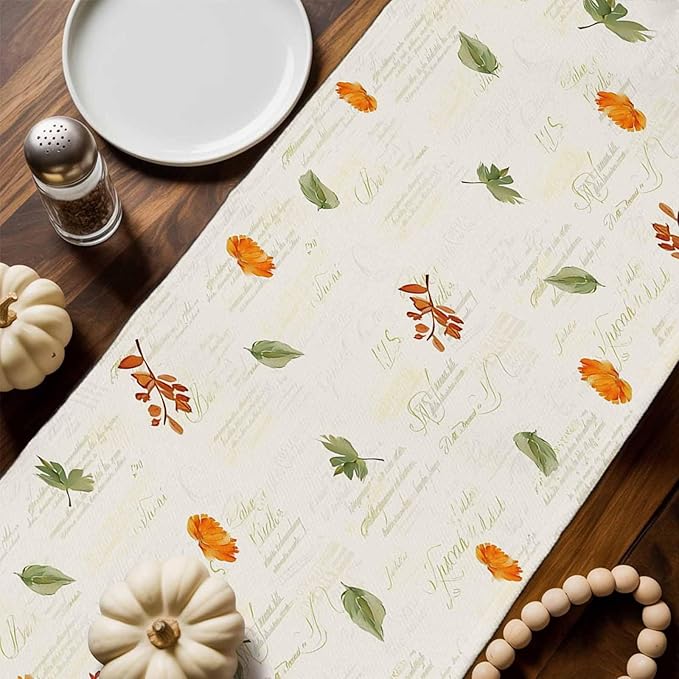 Fall Wildflowers Cotton Linen Table Runner for Dining Kitchen, Thanksgiving Pumpkin Outdoor Party Rustic Tablerunners Decoration, Botanical Floral Vintage Dresser Scarf Tablecloth Runners 13x36 Inches