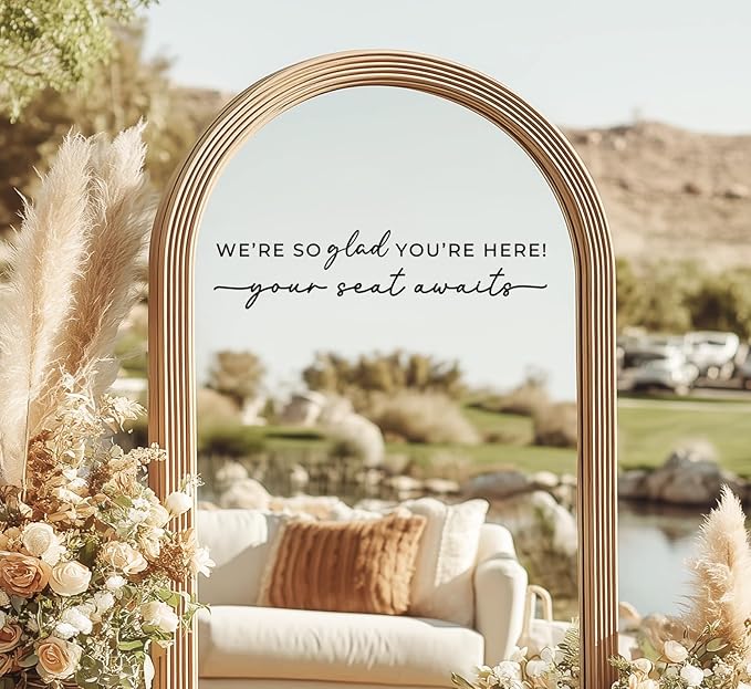 Wedding Sign Decal, Seating Chart, Welcome Vinyl Wedding Mirror Decal, We're So Glad You're Here Seating Chart, Your Seat Awaits (Black, Width 17 inch)