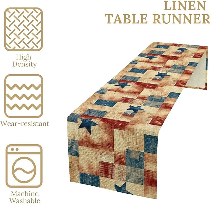 4th of July Table Runner, Rustic Vintage Country Red White Blue American Stars Independence Day Print Table Cover for Farmhouse Kitchen Dining Table Decor, 13x108inch