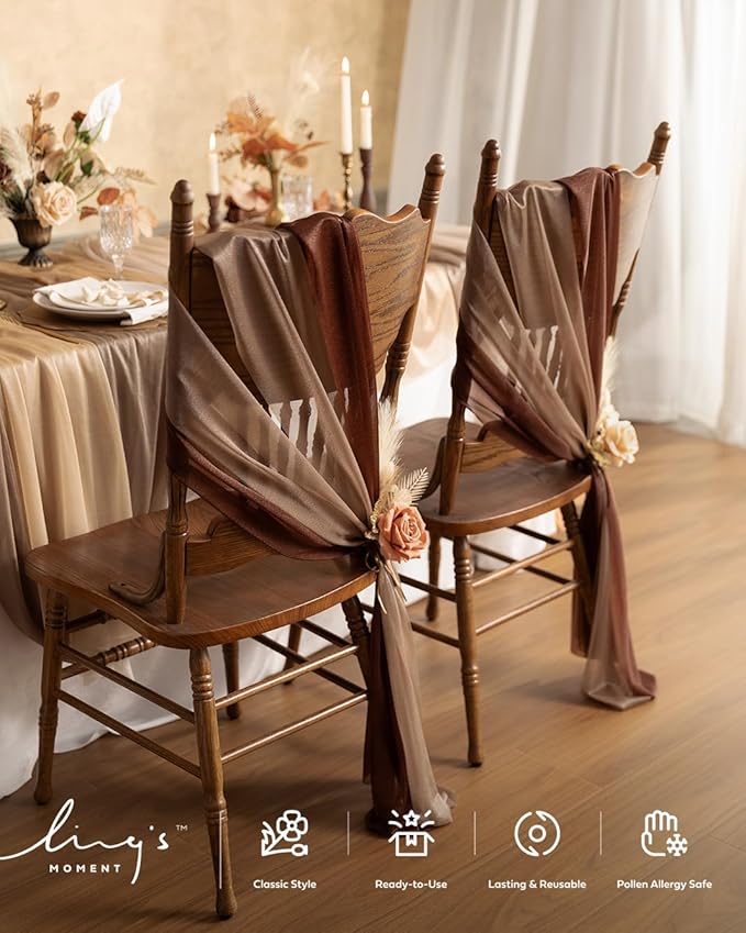 Ling's moment Wedding Chiffon Chair Sashes Cover Aisle Decorations Draping Fabric Wrinkle-Free with Tie 16 Pcs Cappuccino & Brown for Party Ceremony Reception Floral Arrangement Banquet Outdoor Decor