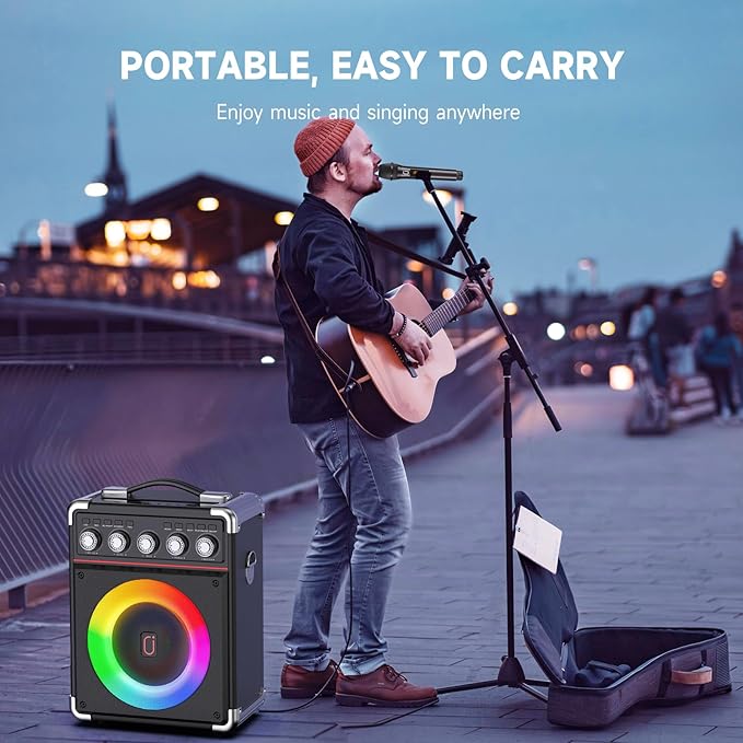 Karaoke Machine with 2 Microphones: HWWR Portable Karaoke Machine for Adults Kids, Party Bluetooth Speaker with Bass/Treble Adjustment, PA System with Remote Control/LED Lights, Support REC/USB/AUX