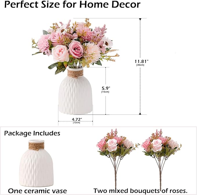 Epicpetal Fake Flowers in Vase, Artificial Pink Flowers in Vase for Decoration Faux Flowers Fake Floral for Home Decor Indoor Dining Table Centerpiece (Pink)