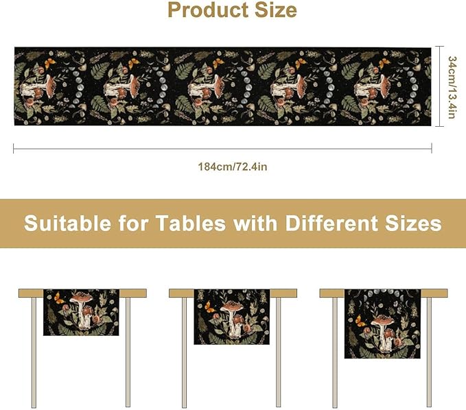 Mushroom Kitchen Table Runner, Boho Vintage Wild Flower Gothic Witchy Moonlit Forest Plant Table Runner for Bedroom Living Room Kitchen Dinner Table, 13x60 Inch