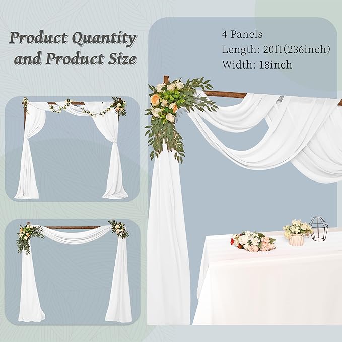 8 Panels Wedding Arch Draping Fabric 28" x 20Ft Wedding Arch Drapes Chiffon Fabric Drape Sheer Backdrop Curtain for Weddings Party Swag Ceremony Birthday Arbor Drapery Reception Ceiling Décor(White)