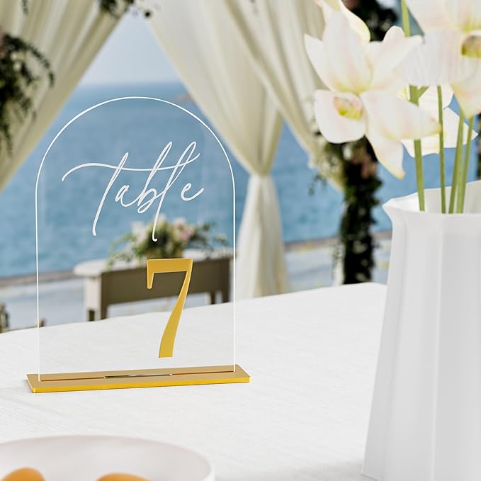 Arch Wedding Table Numbers 1-15 w/Stand, Gold 3D Table Numbers for Reception - 5.5" X 7" Elegant Acrylic Arch Sign with Holder, Perfect for Wedding, Anniversary, Banquet, and Event Decor