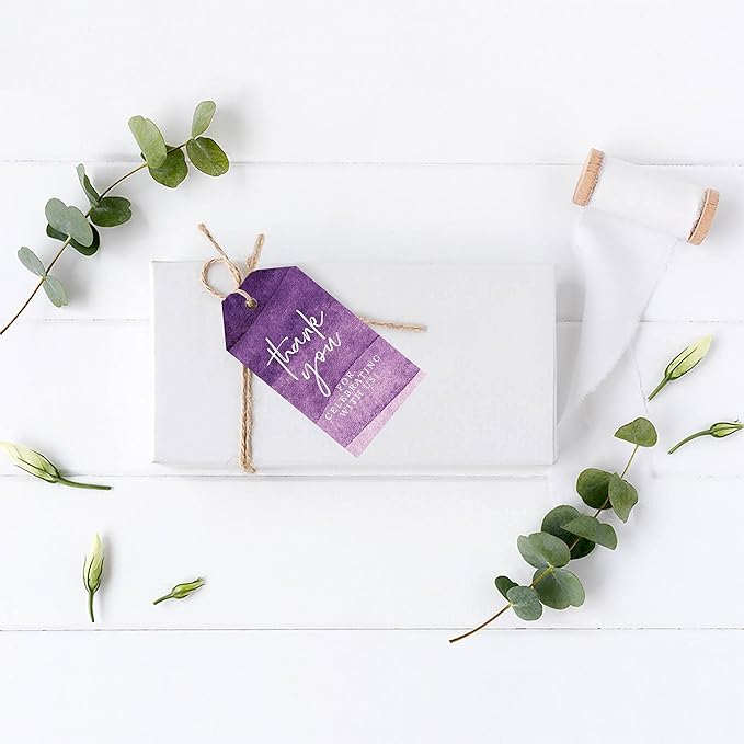 Andaz Press 100-Pack Thank You for Celebrating with Us Favor Tags Purple Watercolor Cardstock Gift Tags with Bakers Twine for Wedding Baby Shower Bridal Shower Birthday Party Favors 2 x 3.75-Inches