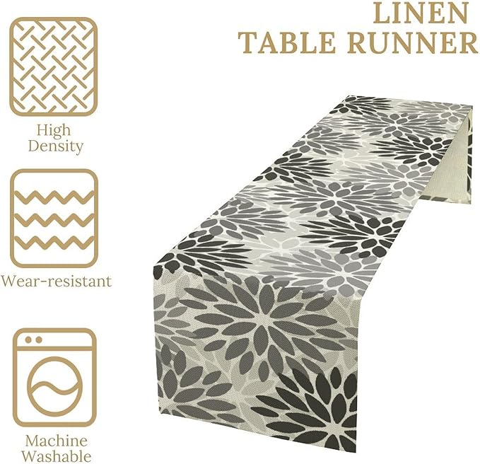Gray Dahlia Flower Table Runner, Vintage Modern Linen Geometric Pattern Floral Table Runner Spring for Farmhouse Kitchen Dining Party Holiday Party, 13x90 Inch