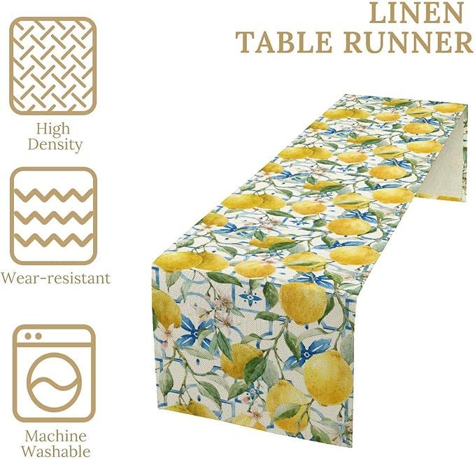 Lemon Table Runner,Watercolor Fruit Green Leaves Spring Summer Table Cloth Kitchen Dining Table Home Party Decoration 13x120 Inch