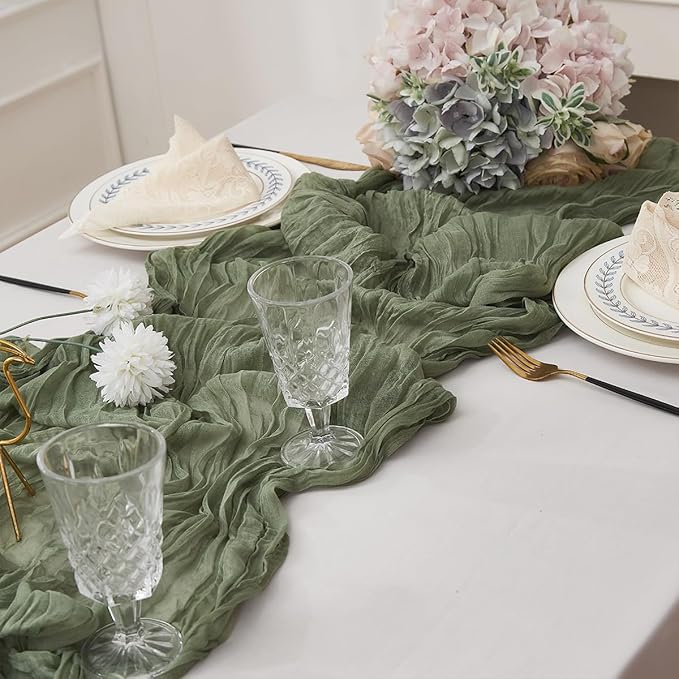 Sage Green 2 Pack Cheesecloth Table Runner 120 Inch 10 FT Boho Rustic Gauze for Wedding Baby Shower Party Farmhouse Summer Home Decor Washable
