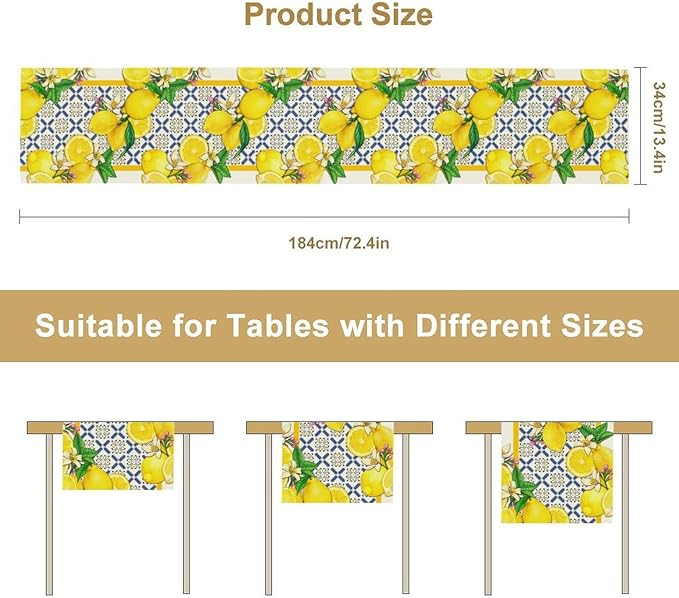 Lemon Table Runner,Spring Summer Seasonal Yellow Blue Table Runner for Kitchen Dining Table Home Party Decoration 13x90 Inch