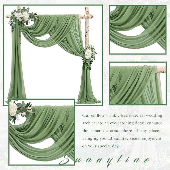 Wedding Arch Draping Fabric 2 Panels 20Ft length x 28" width Sage Green Arch Drapes Chiffon Fabric Sheer Curtains Backdrop for Party Bridal Decorations Wedding Ceremony Ceiling Stage Reception Decor