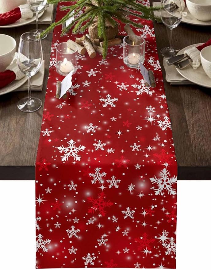 Christmas Snowflakes Cotton Linen Table Runner for Dining Kitchen, Red Xmas Winter Snow Wedding Outdoor Party Tablerunners Decoration, New Year Dresser Scarf Coffee Tablecloth Runners 13x90 Inches