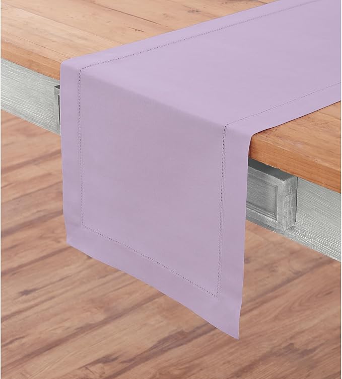 Solino Home Table Runner 90 Inches Long - Cotton Linen Hemstitch Lavender Ice Table Runner 14 x 90 Inch