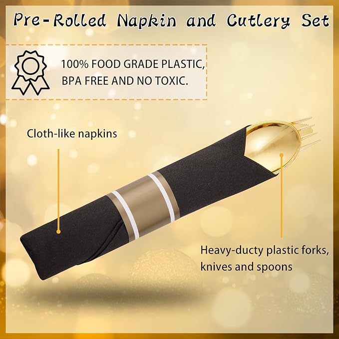 Supernal 60 Pack Gold Silverware, Rolled, Pre Wrapped with Black Napkins, Heavy Duty Plastic Cutlery, Forks and Spoons