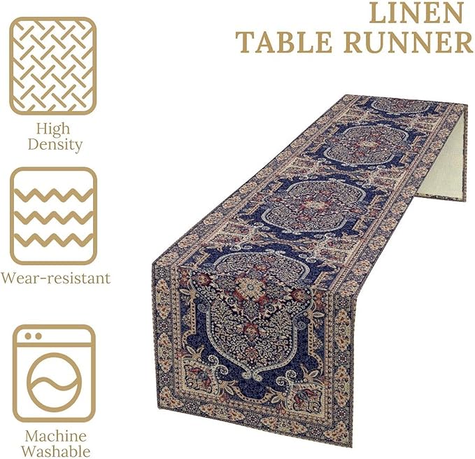 Boho Floral Vintage Table Runner, Blue Purple Retro Flower Rustic Country Farmhouse Pattern for Home Kitchen Table Decor Dining Coffee Room Party Decor 13x72in