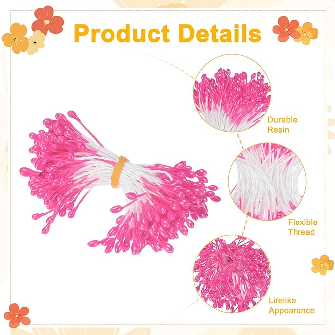 600-Pack Flower Stamens for Crafts, 5mm Double Heads Artificial Pearl Floral Pistil Mini Flower Pollens Stamens for DIY Making/Wedding/Scrapbook Decoration [Rose Red]