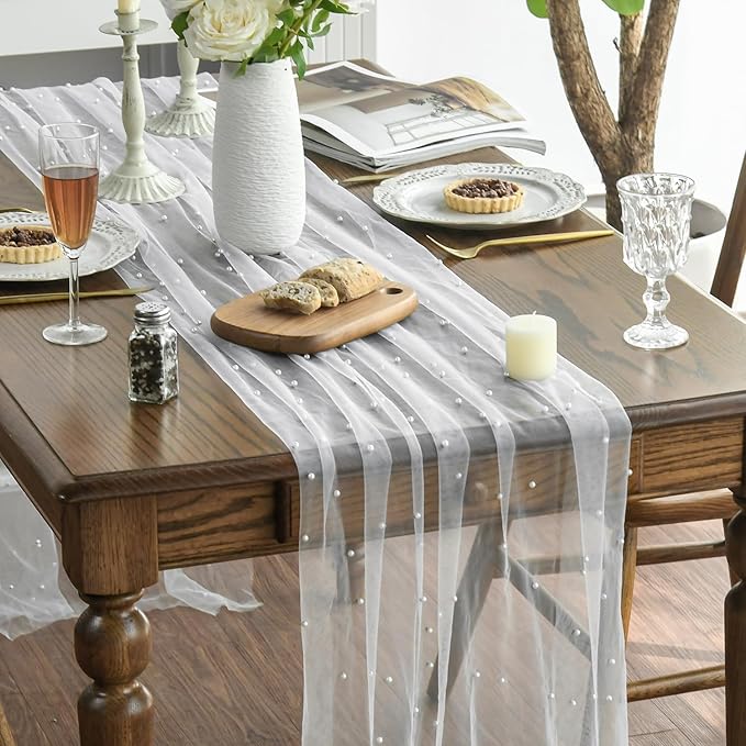 Artoid Mode 3PCS Pearl Gauze Table Runner 120 Inch 10FT, Seasonal Sheer Dining Holiday Wedding Birthday Baby Shower Table Decor for Home Party