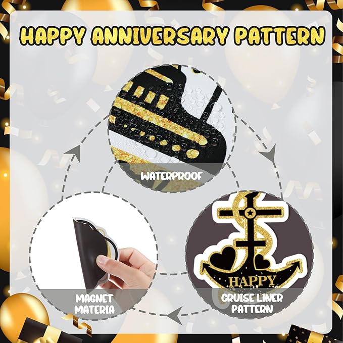 50th Anniversary Cruise Door Magnets Decorations, Gold Black Happy 50th Anniversary Cruise Ship Door Decor Magnetic for Married in 1975 Men Women Wedding Party Refrigerator Fridge Car Kitchen Garage