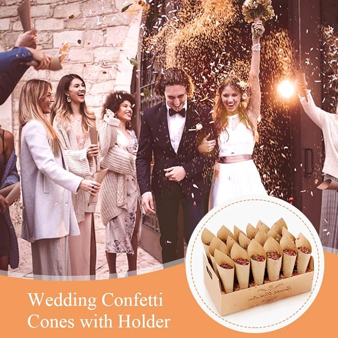 30 Pieces biodegradable confetti Cones and Stand Tray Paper Cone Box 30 Holes Suitable Placing Dried Flower Petals Confetti for Wedding, Engagement, Party, Birthday (Kraft)
