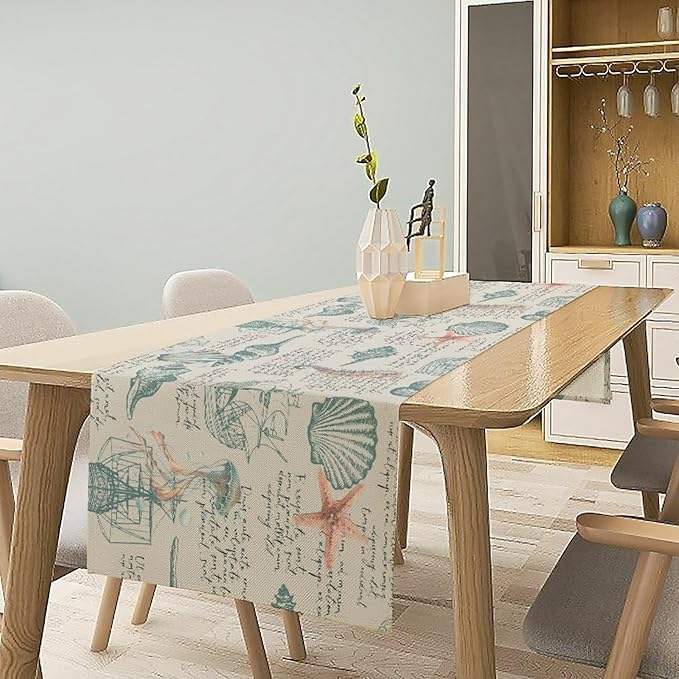 Starfish Table Runner,Seashells Beach Coastal Nautical Sailboat Jellyfish Vintage Hand Drawn Burlap for Hotel Indoors Outdoor Dining Room Kitchen Table Decor, 13x36in