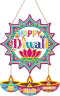 CHDITB Happy Diwali Front Door Sign Wreath(15"x11"), Wooden Lotus Rangoli Diyas Indian Festival of Lights Decoration Wall Hanging, Colorful Deepavali Themed Hanger Decor for Porch Home Office Party