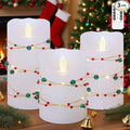 Christmas Flameless Candles with Red Green Beads String Lights - Real Wax Christmas Decor Battery Operated Candles with Remote & Timer- Home Party Bedroom Holiday Xmas Decorations - Set of 3